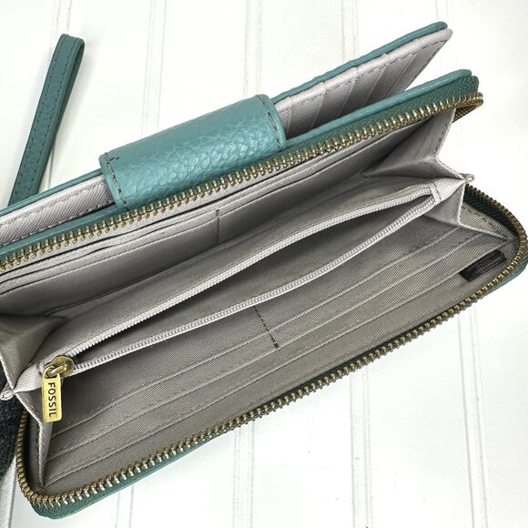 FOSSIL Madison Clutch Wristlet Wallet Leather Pebble Teal Blue Green Zip Around - Picture 5 of 8